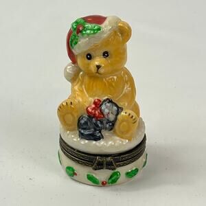 Porcelain Bear Trinket Box Christmas Santa Hat Kitten Holly Hinged Lid Decor